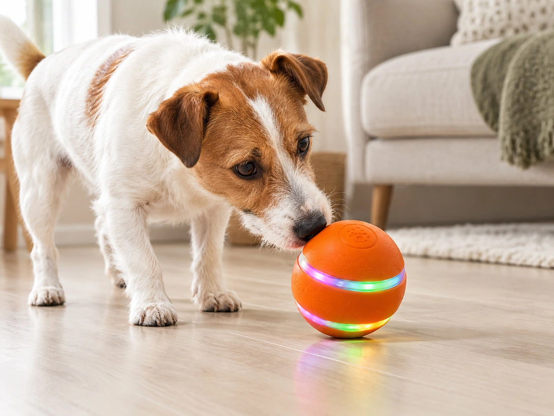 Dog touching an interactive toy ball