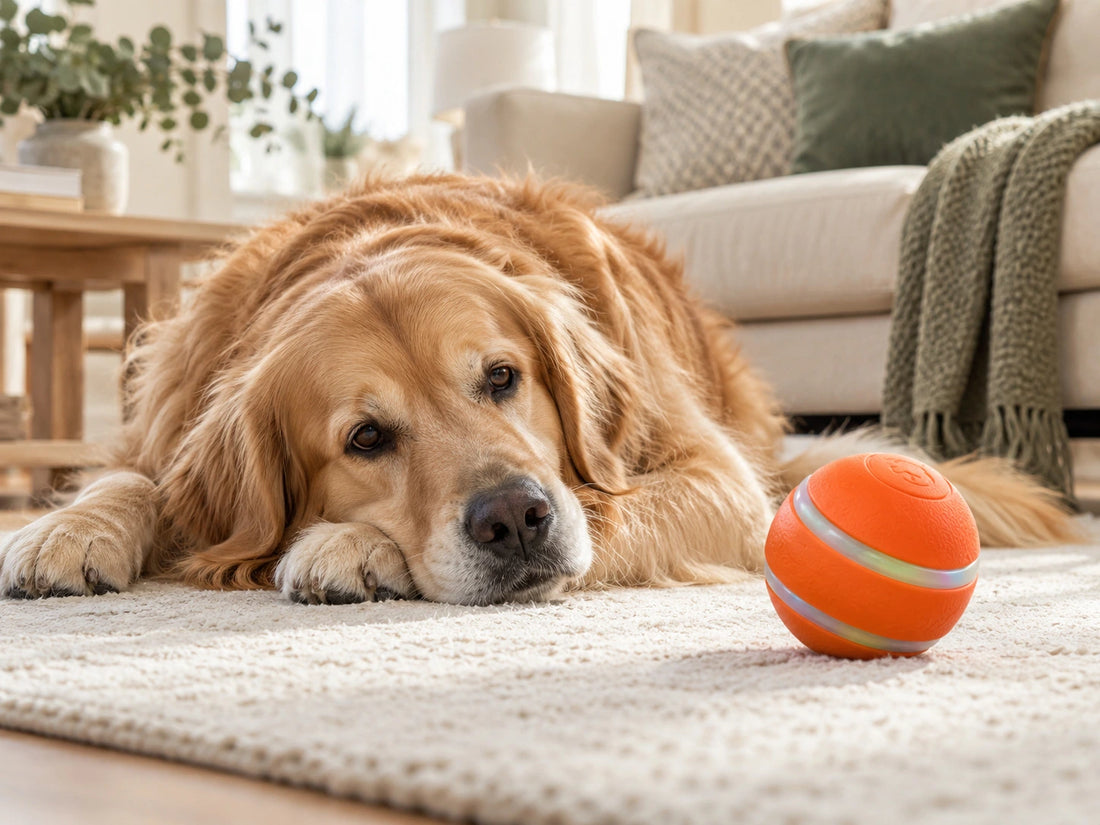 Dog resting beside the interactive ball