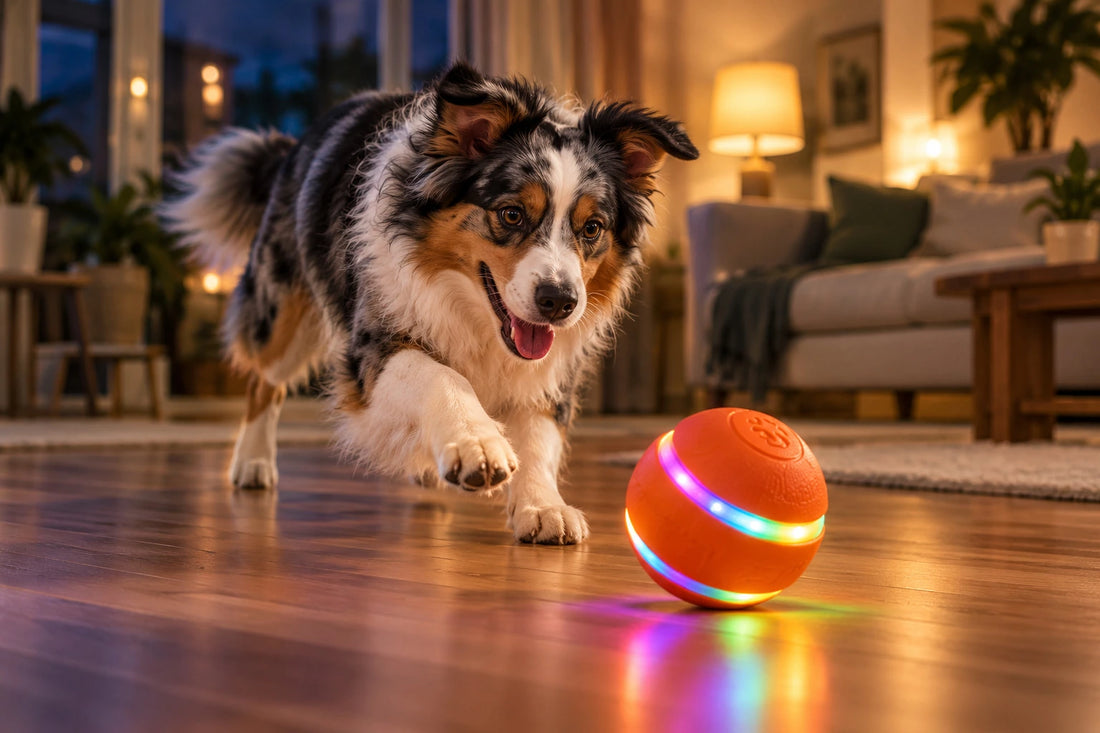 Orange WagOrbit LED ball glowing while a dog plays