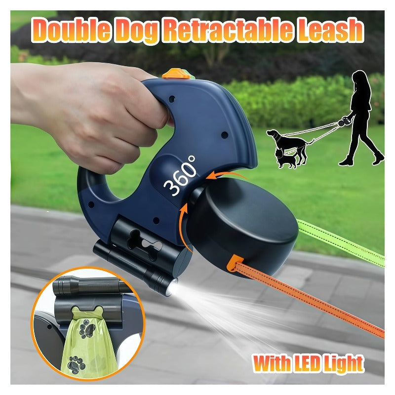 Dual Dog Leash with 360° Tangle-Free Swivel & LED Light