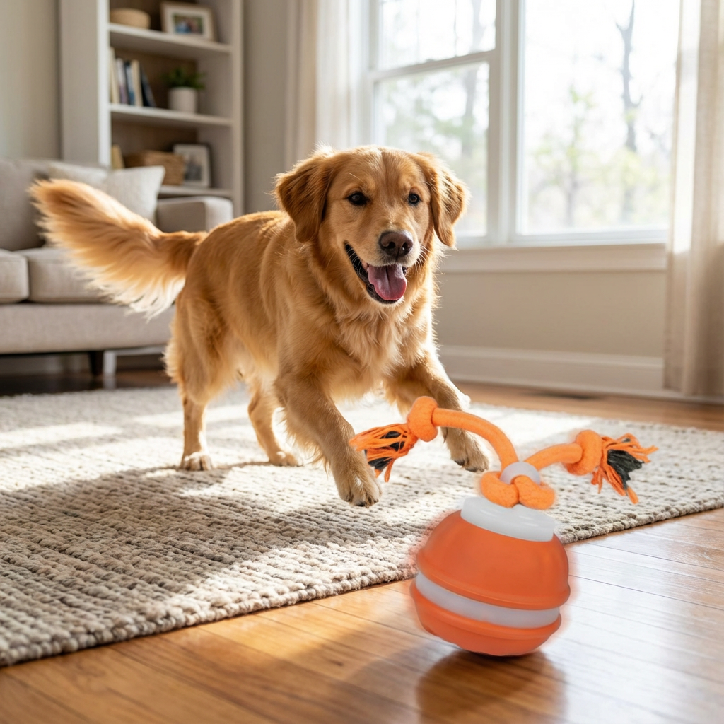 Durable Dog Play Ball with Motion Sensor & Tug Rope – Vet-Approved Colors