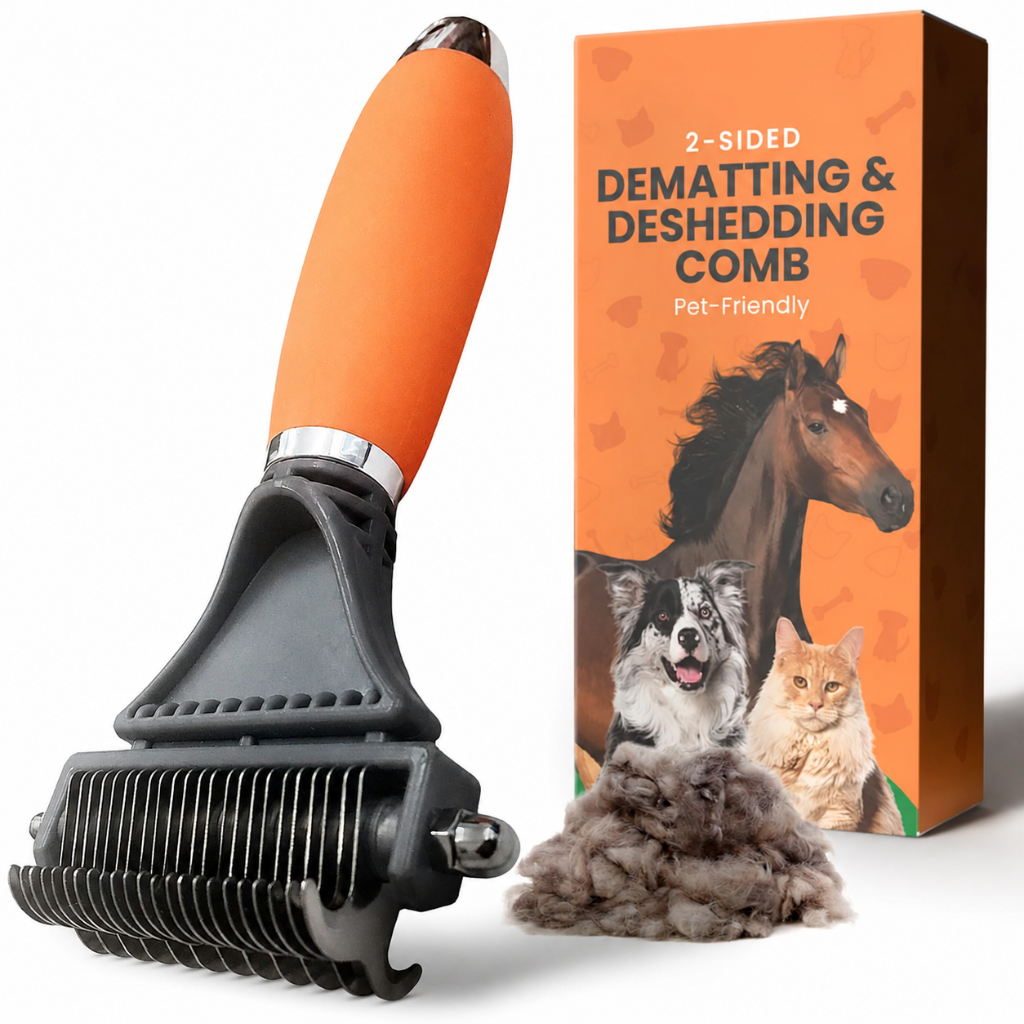 Pet Fur Rake Comb – Stainless Steel Dematting & Deshedding Tool for Dogs and Cats