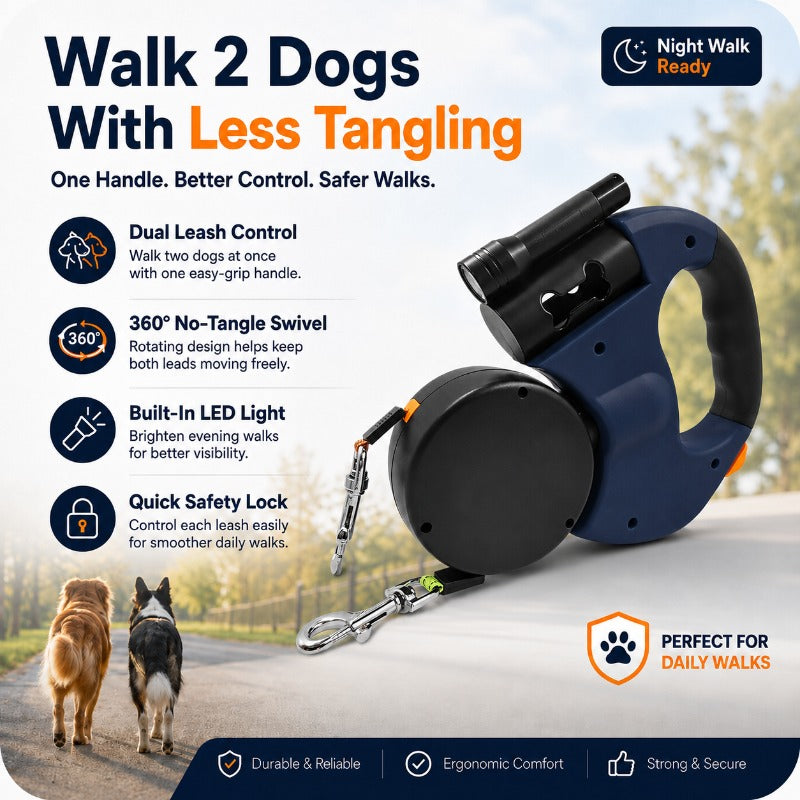 Dual Dog Leash with 360° Tangle-Free Swivel & LED Light