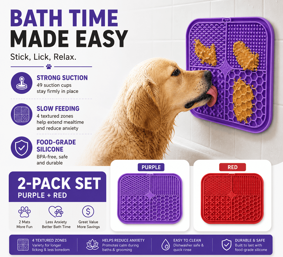 Anxiety Relief Pet Lick Mat for Dogs & Cats – Slow Feeder & Bath Time Distraction Mat