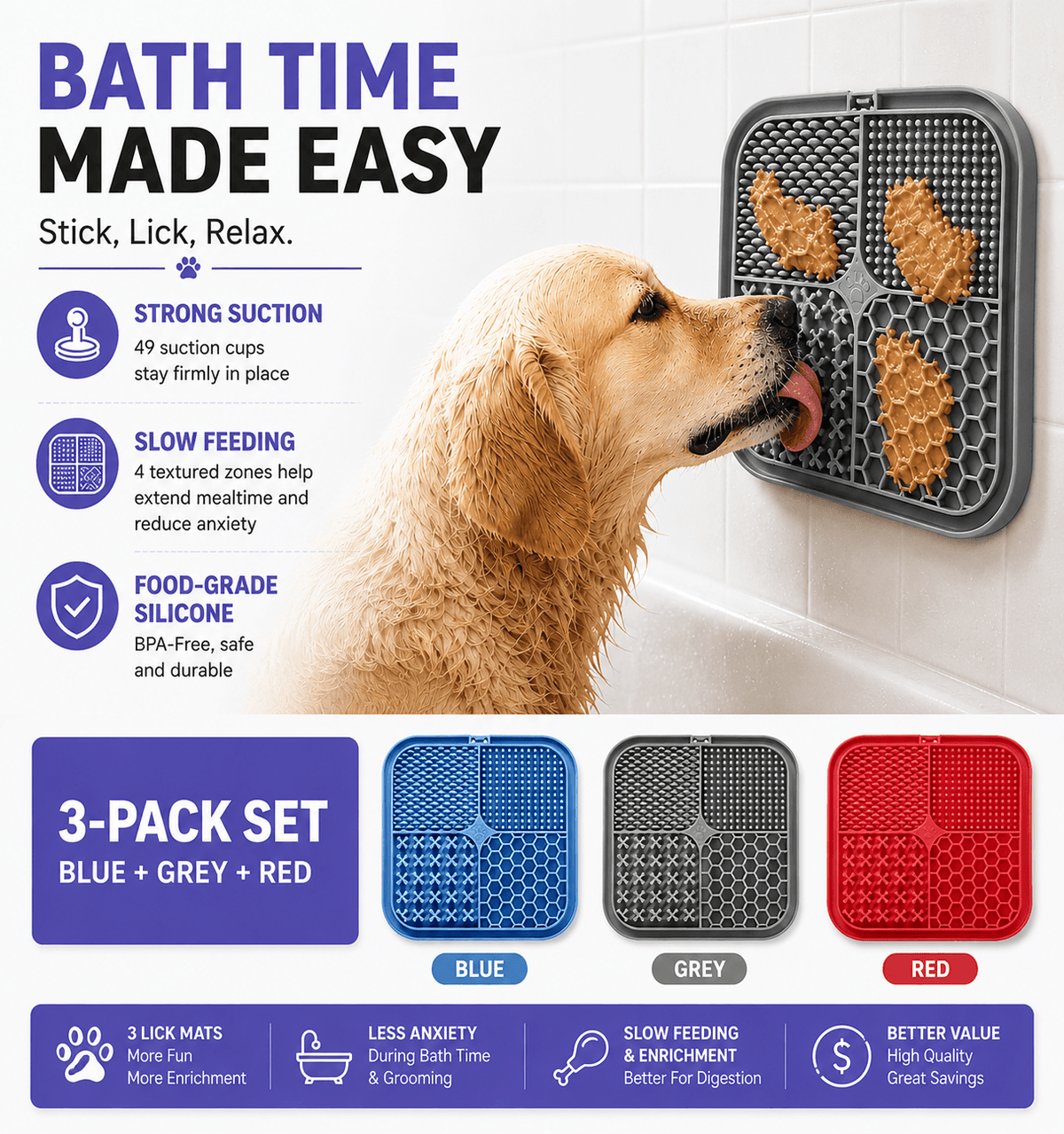 Anxiety Relief Pet Lick Mat for Dogs & Cats – Slow Feeder & Bath Time Distraction Mat