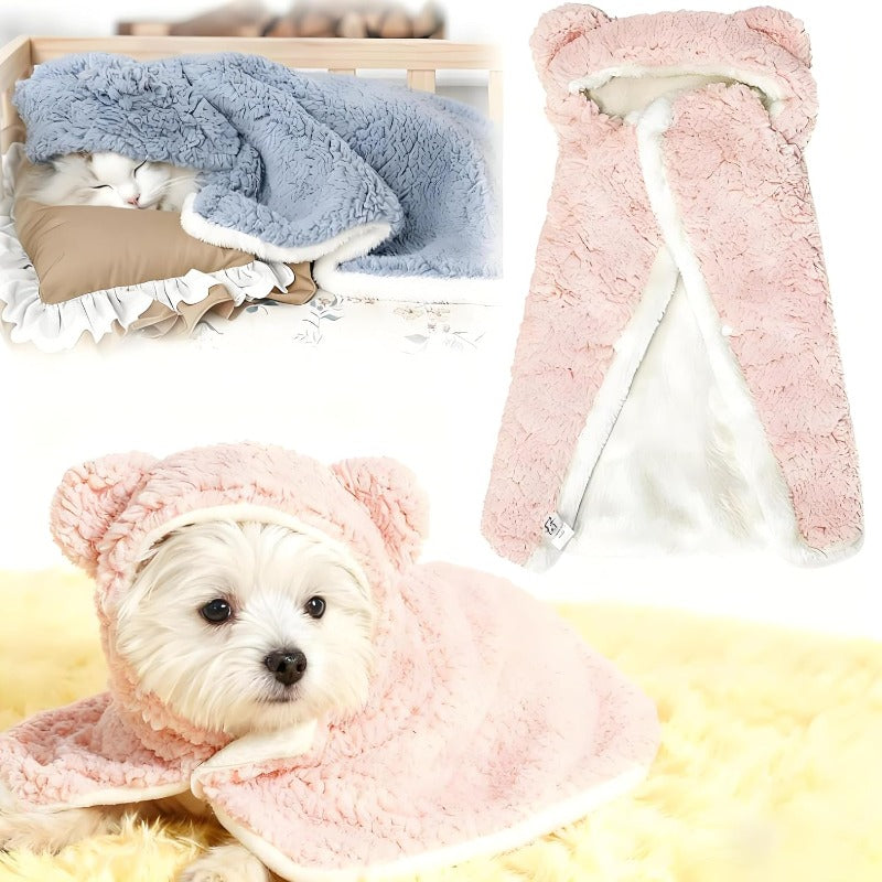 Bear-Ear Pet Cape Blanket – Cozy Wearable Dog & Cat Blanket with Snap Closure