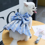 Plaid Dog Dress with Bow Tie, Harness & Leash Set – Cute Pink & White Outfit for Small Dogs & Cats