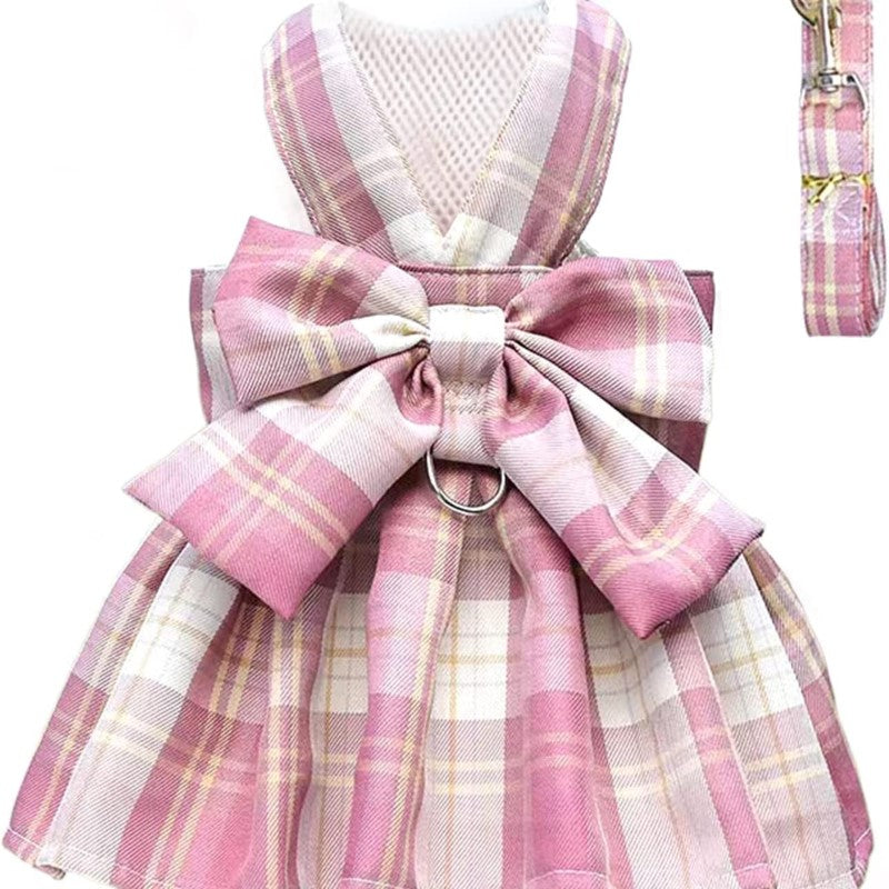 Plaid Dog Dress with Bow Tie, Harness & Leash Set – Cute Pink & White Outfit for Small Dogs & Cats