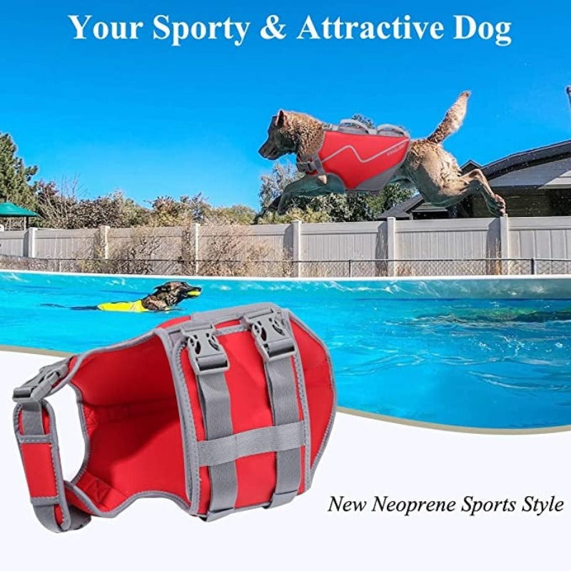 Large Dog Life Jacket – Premium Neoprene Pet Float Vest with Rescue Handle & High-Visibility Red Design