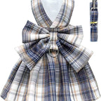 Plaid Dog Dress with Bow Tie, Harness & Leash Set – Cute Pink & White Outfit for Small Dogs & Cats