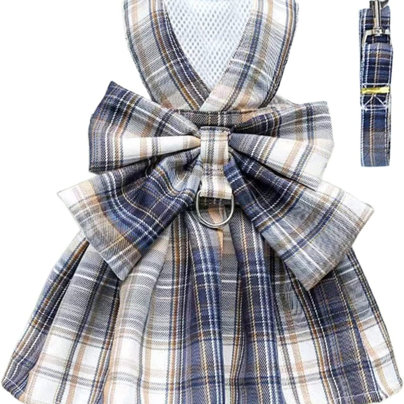 Plaid Dog Dress with Bow Tie, Harness & Leash Set – Cute Pink & White Outfit for Small Dogs & Cats