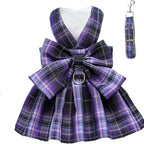 Plaid Dog Dress with Bow Tie, Harness & Leash Set – Cute Pink & White Outfit for Small Dogs & Cats
