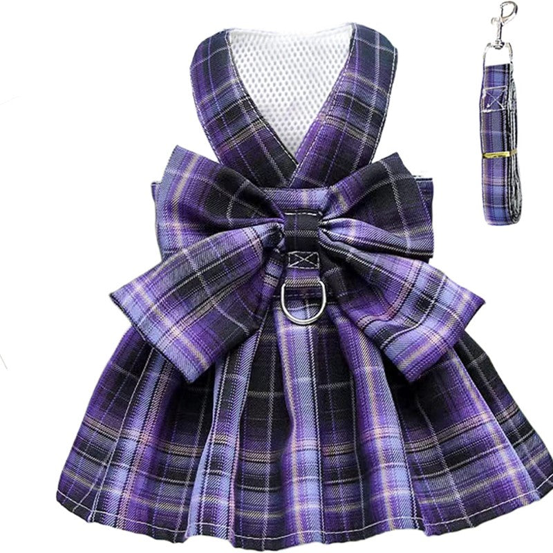 Plaid Dog Dress with Bow Tie, Harness & Leash Set – Cute Pink & White Outfit for Small Dogs & Cats