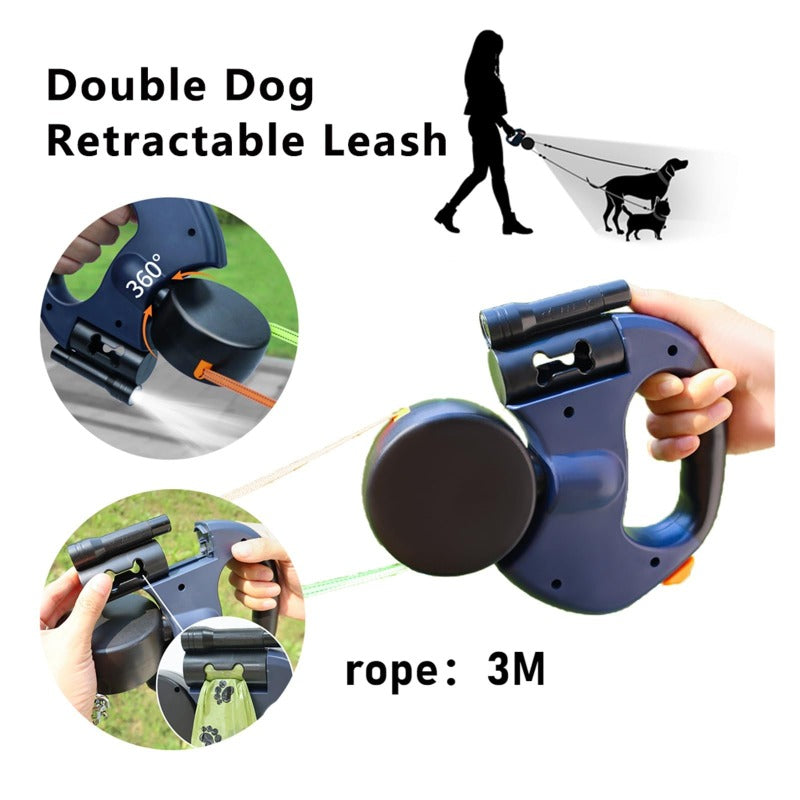 Dual Dog Leash with 360° Tangle-Free Swivel & LED Light