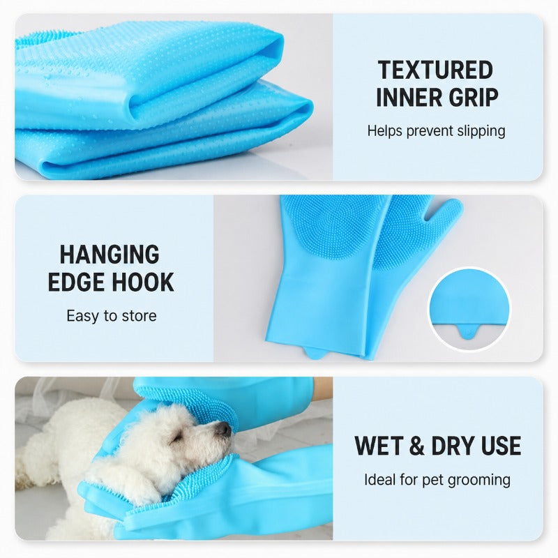 Dual-Sided Silicone Pet Grooming Gloves – For Bathing & Dry Brushing