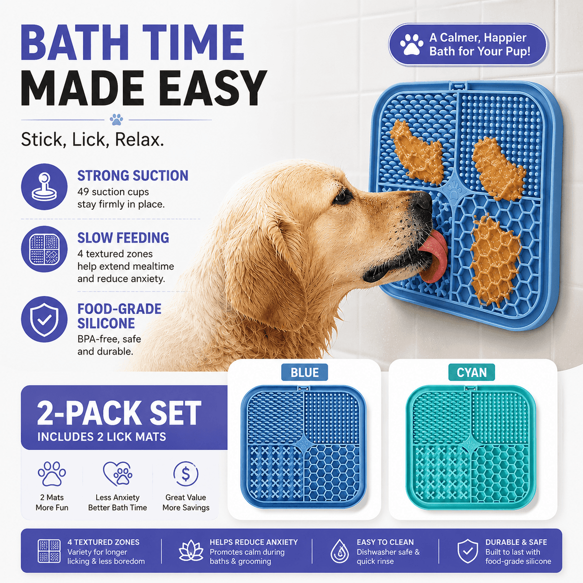 Anxiety Relief Pet Lick Mat for Dogs & Cats – Slow Feeder & Bath Time Distraction Mat