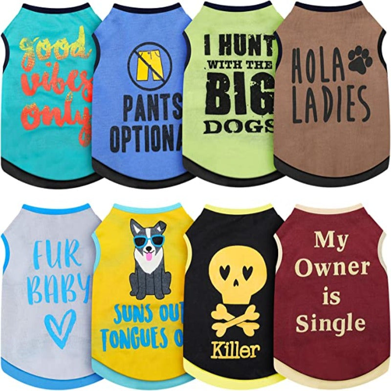 8-Piece Dog T-Shirt Set – Funny Letter Prints, Stylish Summer Outfits for Small Breeds