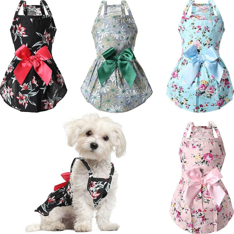 4-Piece Dog Princess Sundress Set – Floral Bowknot Pet Dresses for Small Dogs & Cats, Summer Puppy Outfit