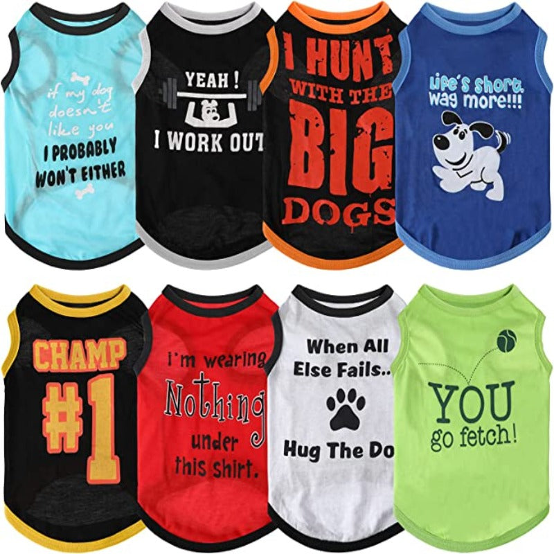 8-Piece Dog T-Shirt Set – Funny Letter Prints, Stylish Summer Outfits for Small Breeds