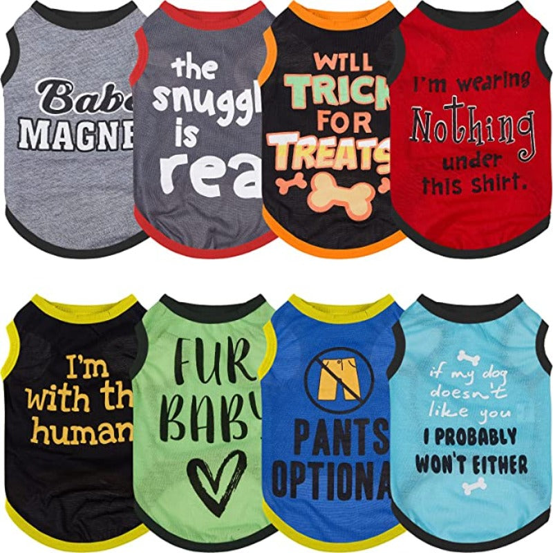 8-Piece Dog T-Shirt Set – Funny Letter Prints, Stylish Summer Outfits for Small Breeds