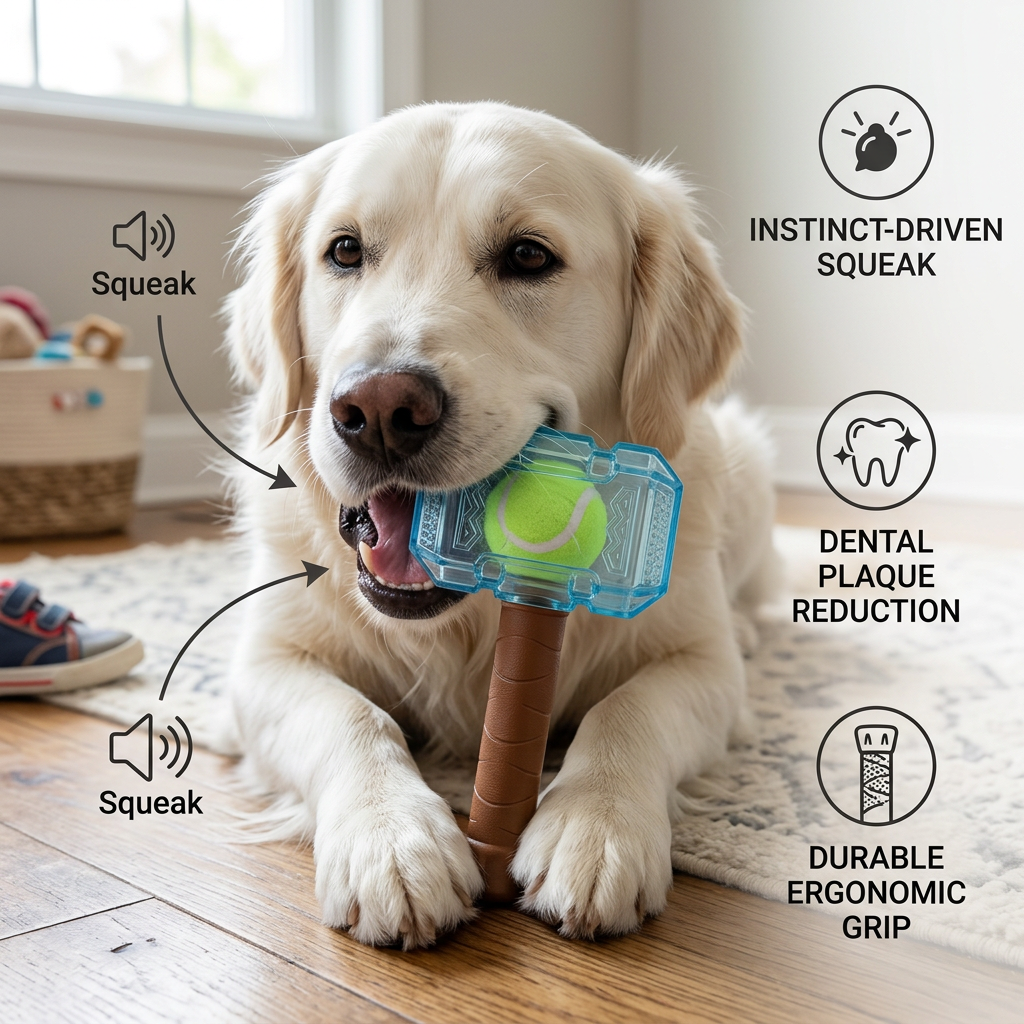 Durable Squeaky Hammer Chew Toy for Dogs – Fun Tennis Ball Core & Loud Squeaker!