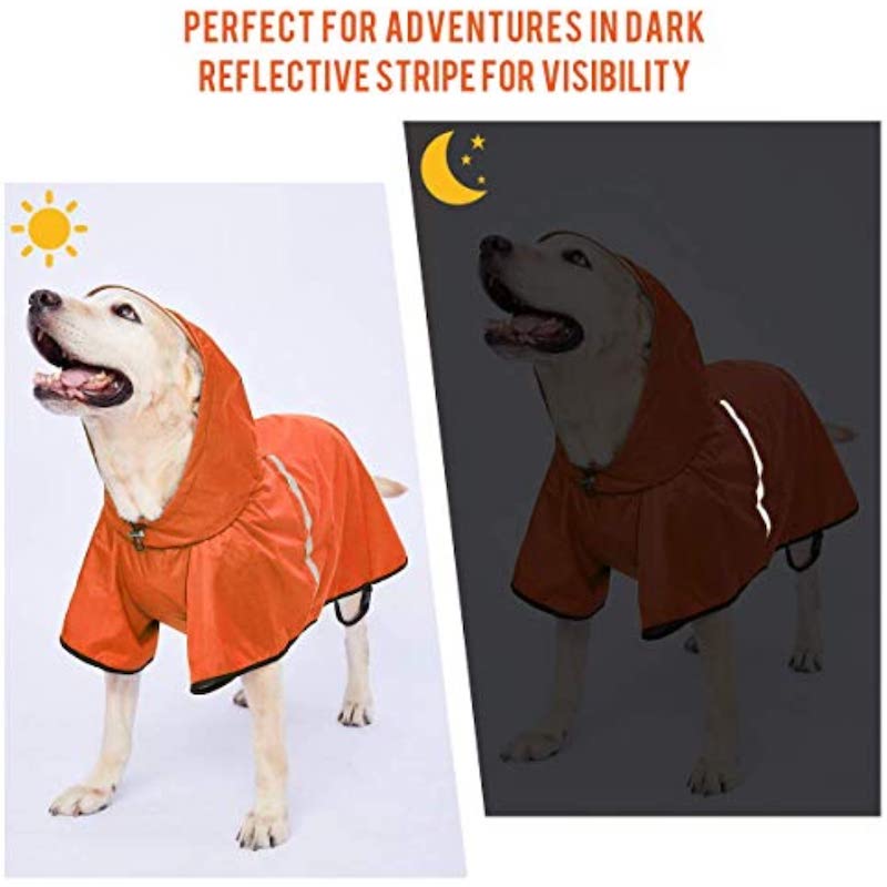 Breathable Dog Raincoat with Adjustable Belly Strap & Leash Hole — Reflective Hoodie, Waterproof Lightweight Poncho for Medium to Large Dogs (Orange, 3XL)