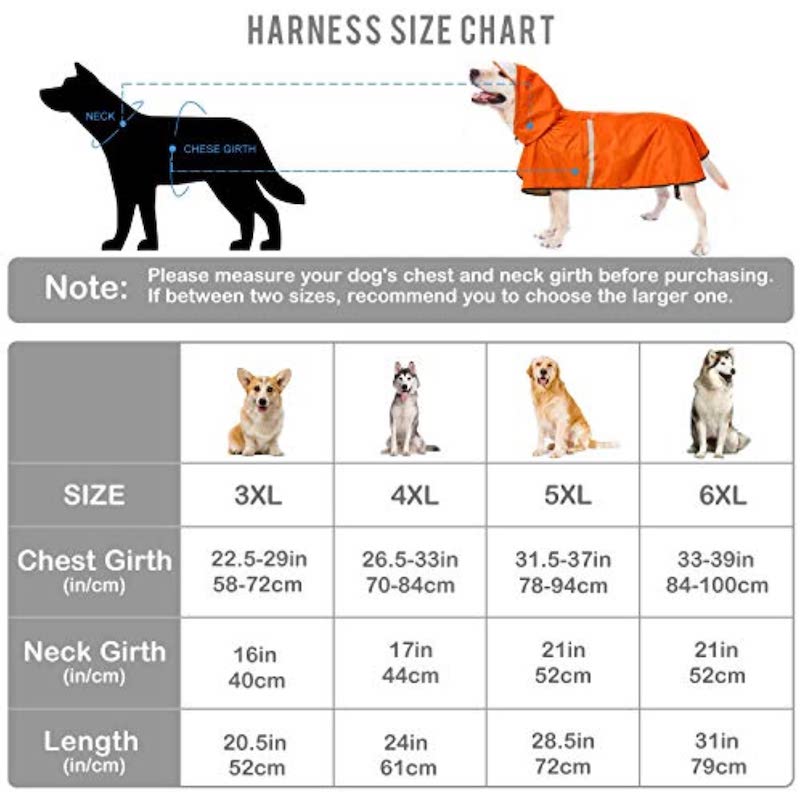 Breathable Dog Raincoat with Adjustable Belly Strap & Leash Hole — Reflective Hoodie, Waterproof Lightweight Poncho for Medium to Large Dogs (Orange, 3XL)