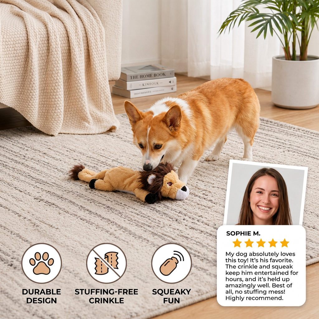Durable Stuffing-Free Crinkle & Squeak Dog Toy — Mess-Free Fun for Energetic Pups!