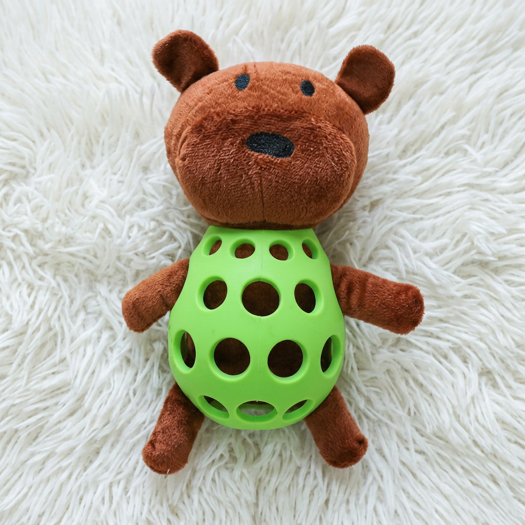 2-in-1 Bear Dog Toy – Squeaky Plush Bear + Dental Chew Ball