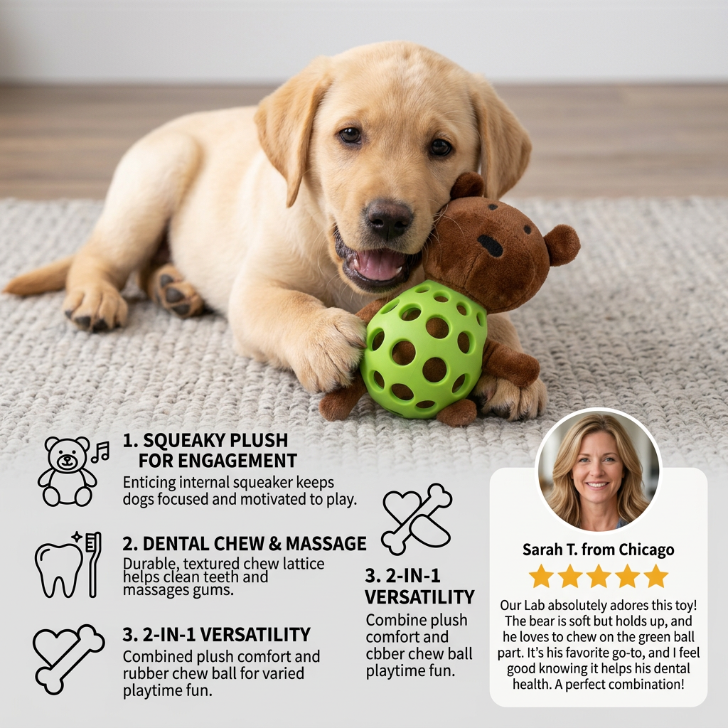 2-in-1 Bear Dog Toy – Squeaky Plush Bear + Dental Chew Ball