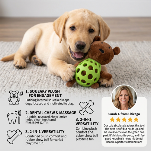 2-in-1 Bear Dog Toy – Squeaky Plush Bear + Dental Chew Ball