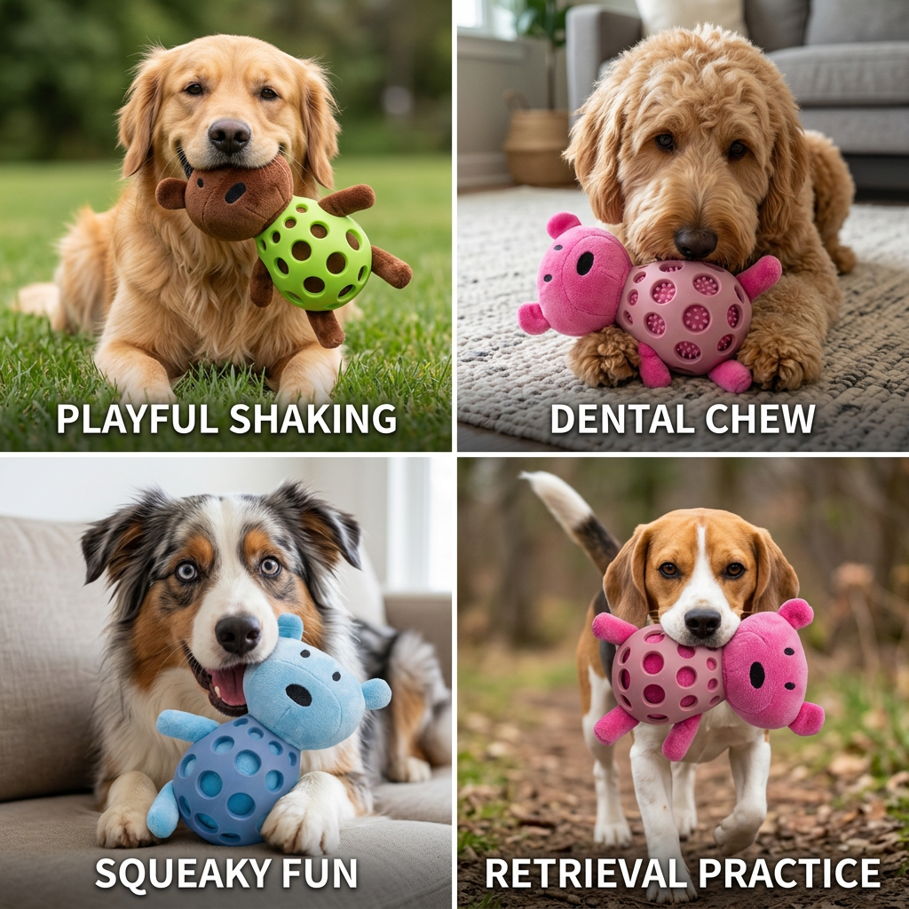 2-in-1 Bear Dog Toy – Squeaky Plush Bear + Dental Chew Ball
