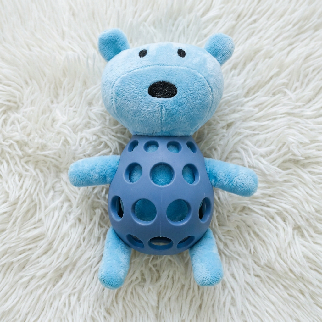 2-in-1 Bear Dog Toy – Squeaky Plush Bear + Dental Chew Ball