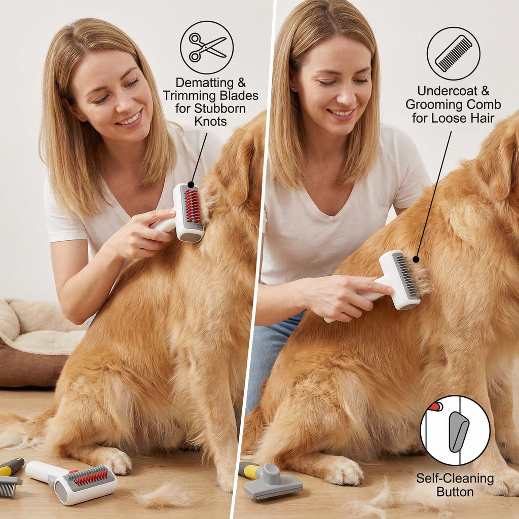 2-in-1 Pet Grooming Brush – Dematting Tool & Undercoat Comb for Dogs & Cats