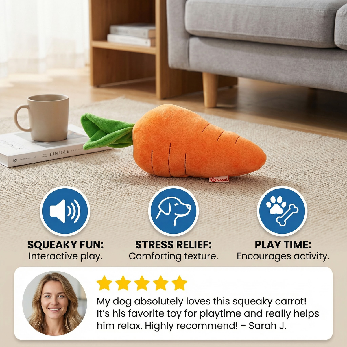 Squeaky Carrot Dog Toy for Stress Relief & Fun Playtime