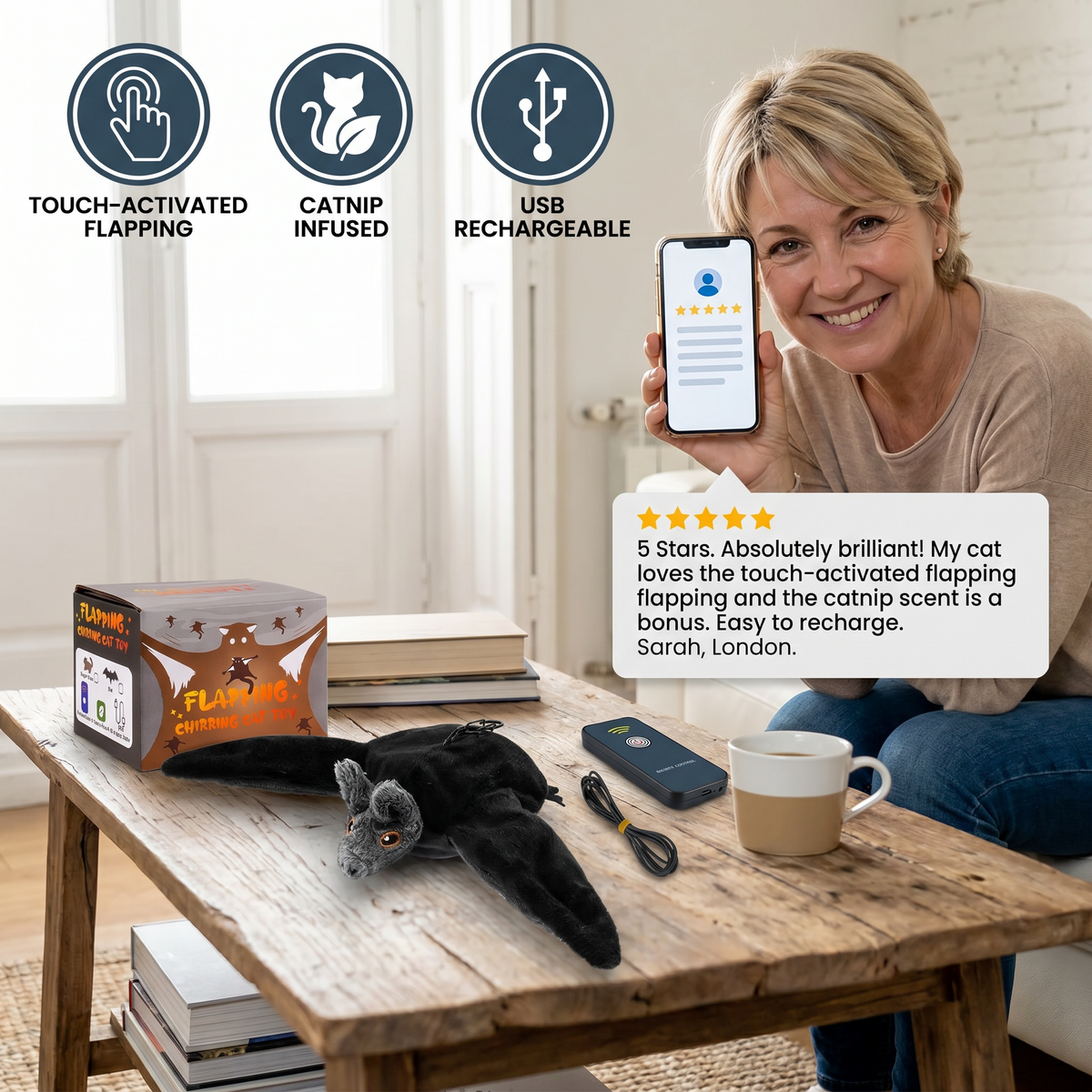Touch-Activated Flapping Bat Dog Toy with Catnip