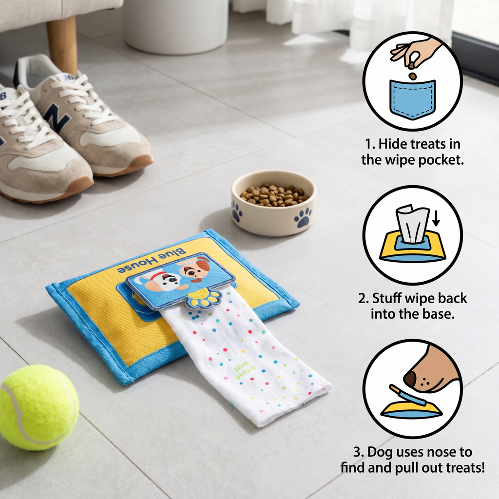 Durable Wet Wipe Snuffle Toy for Dogs – Squeaky Nosework Puzzle with Hidden Treat Pockets