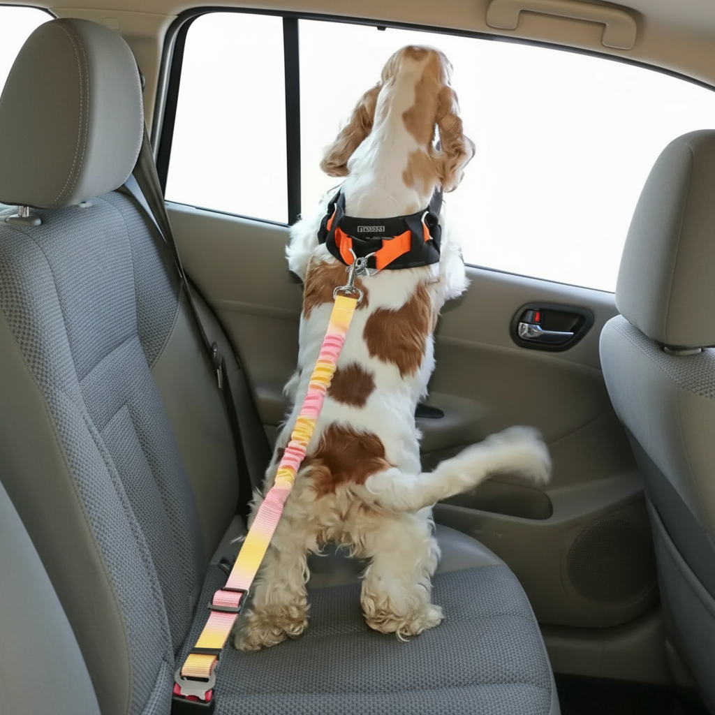Adjustable Pet Car Seat Belt with Elastic Leash – Safe, Comfortable Travel for Dogs & Cats