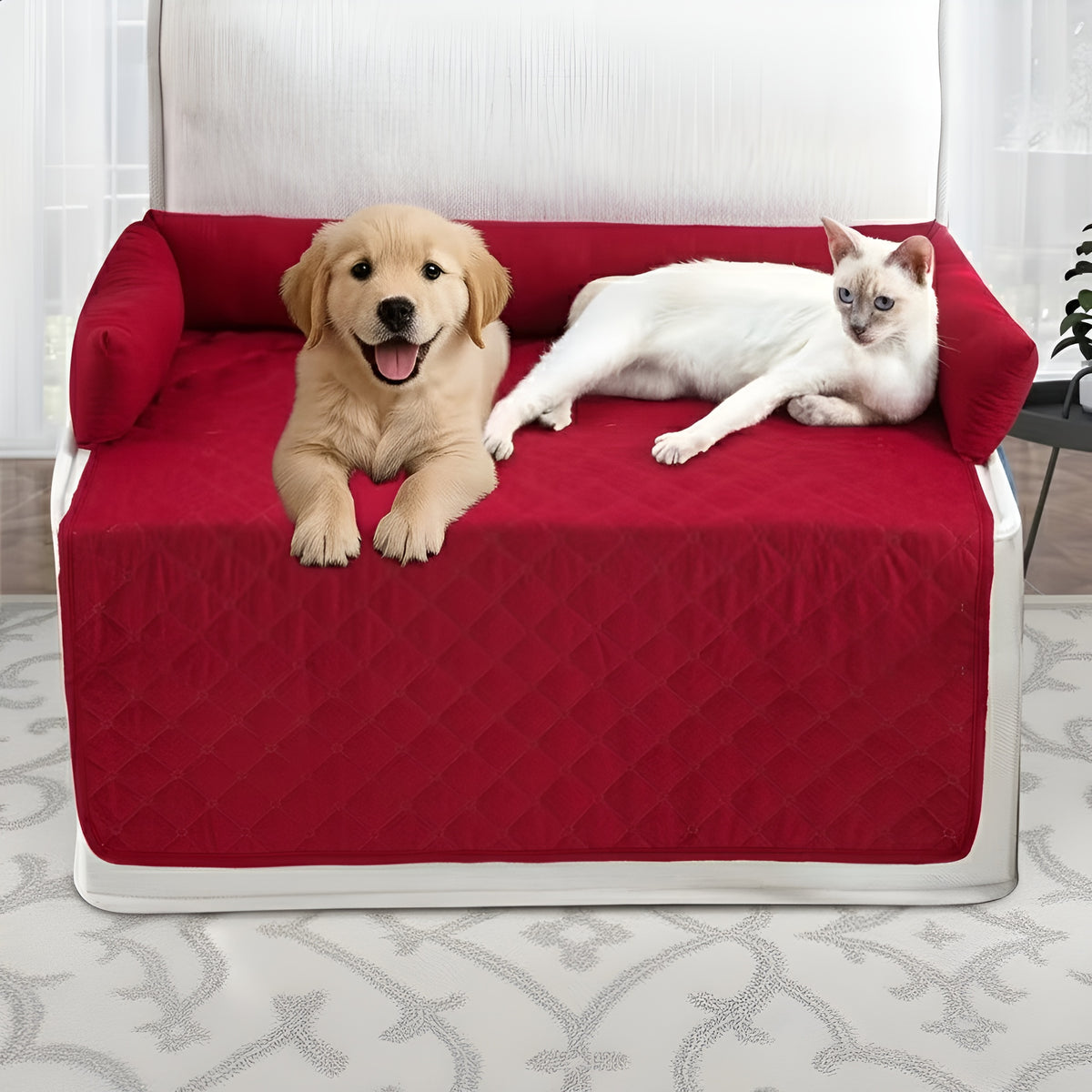Washable Dog Sofa Bed with Bolster Cushions – Cozy, Slip-Resistant Pet Couch Protector