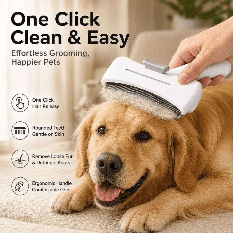 One-Click Fur Remover for Cats & Dogs — Self-Cleaning Pet Grooming Brush