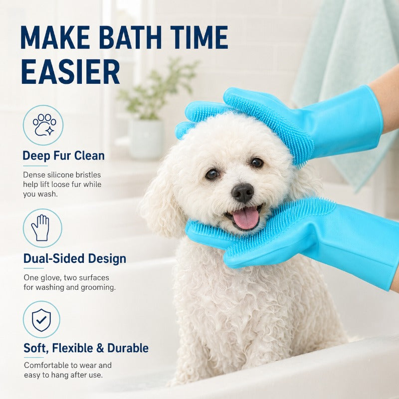 Dual-Sided Silicone Pet Grooming Gloves – For Bathing & Dry Brushing