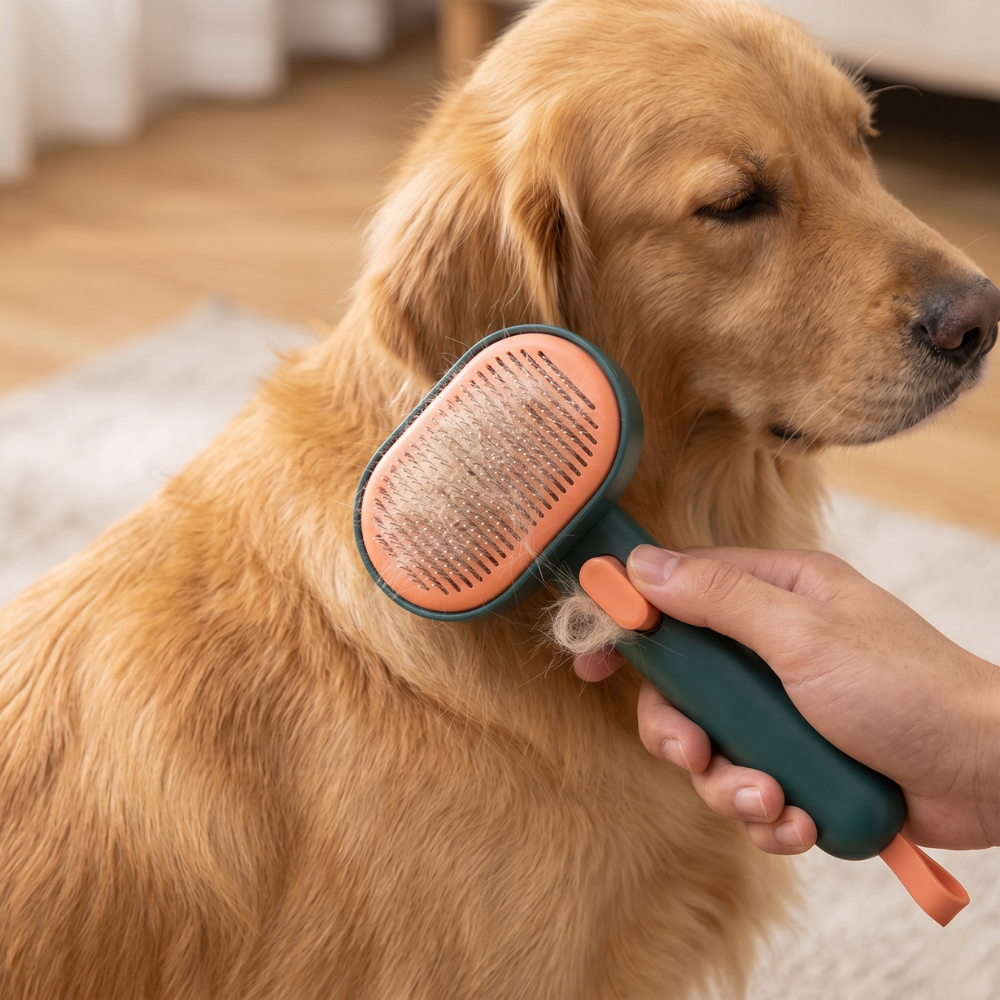 Self-Cleaning Slicker Brush for Dogs & Cats — Deshedding Grooming Tool with Easy Hair Release