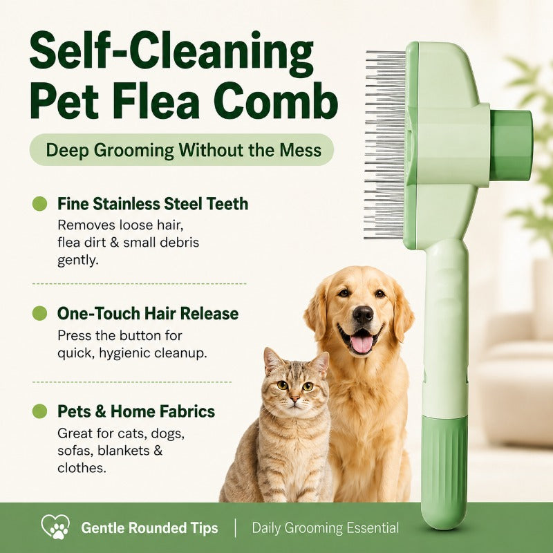 🔥 Self-Cleaning Pet Flea Comb & Grooming Brush for Dogs & Cats