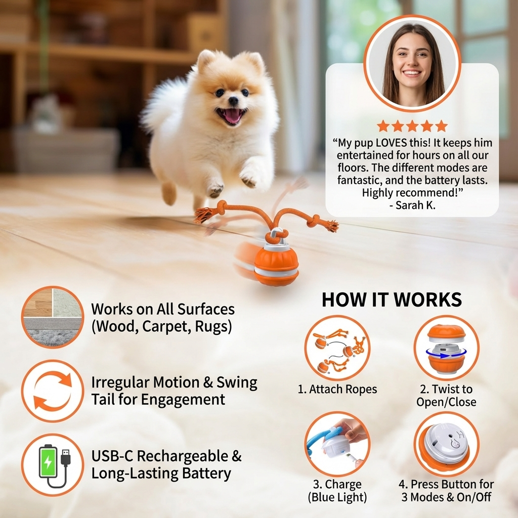Durable Dog Play Ball with Motion Sensor & Tug Rope – Vet-Approved Colors