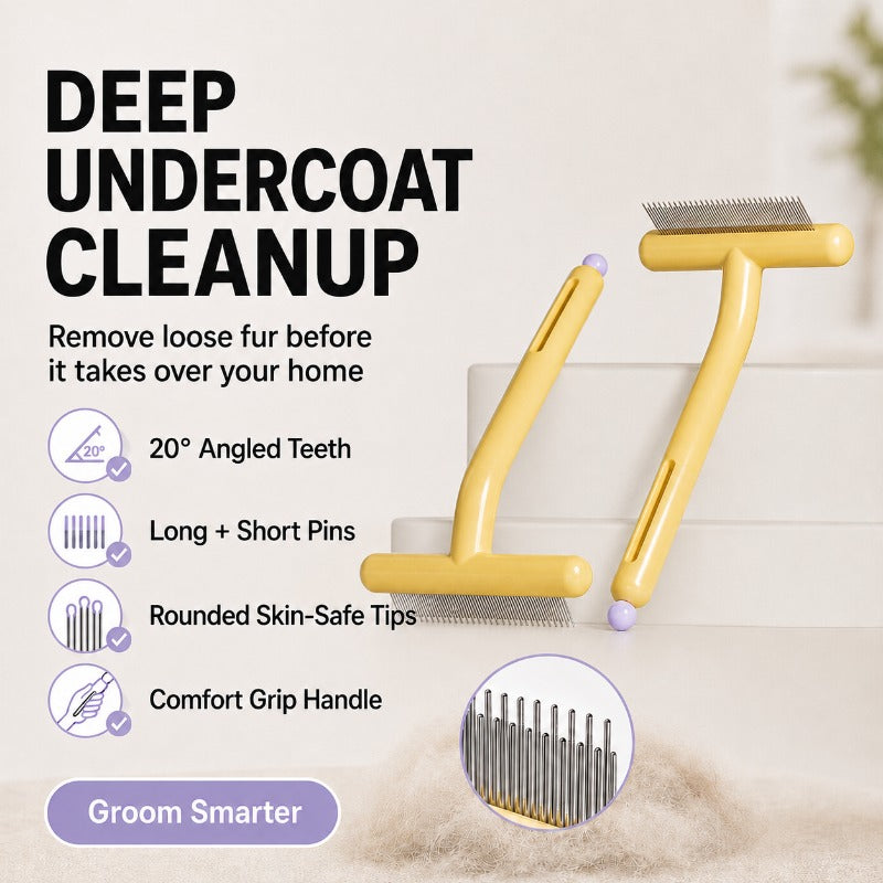 Dual-Layer Undercoat Grooming Rake for Dogs & Cats — Stainless Steel Teeth, Ergonomic Handle