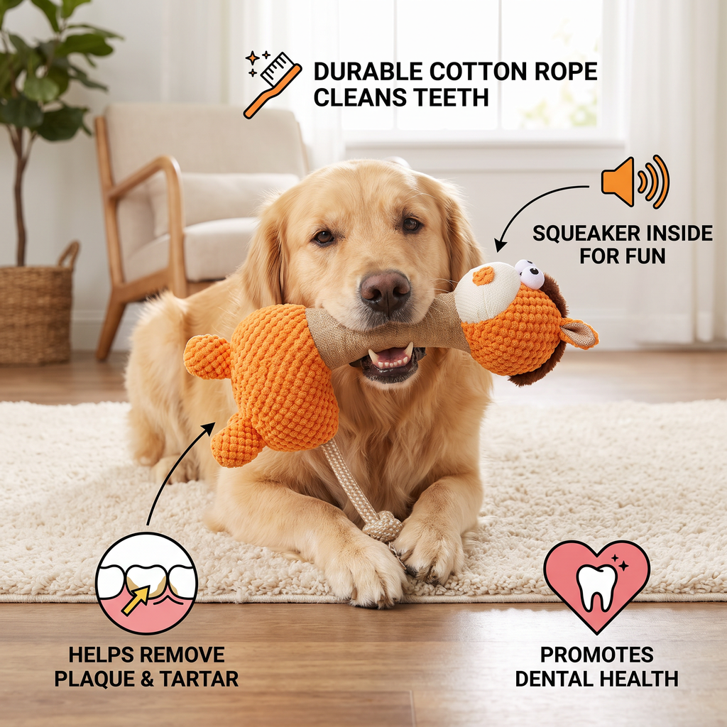 Durable Cotton Rope & Plush Dog Toy with Squeaker — Teeth Cleaning Chew Toy