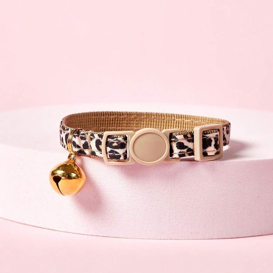 Leopard Print Pet Collar with Adjustable Bell for Cats & Small Dogs