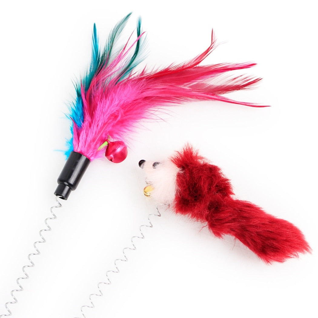 Spring-Activated Cat Feather Toy – Bouncing Mouse with Realistic Feather
