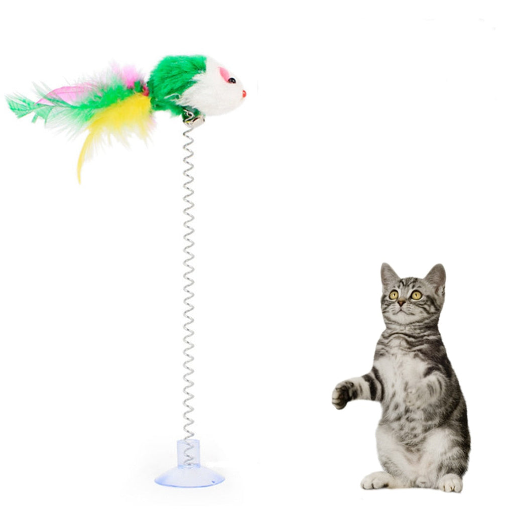 Spring-Activated Cat Feather Toy – Bouncing Mouse with Realistic Feather