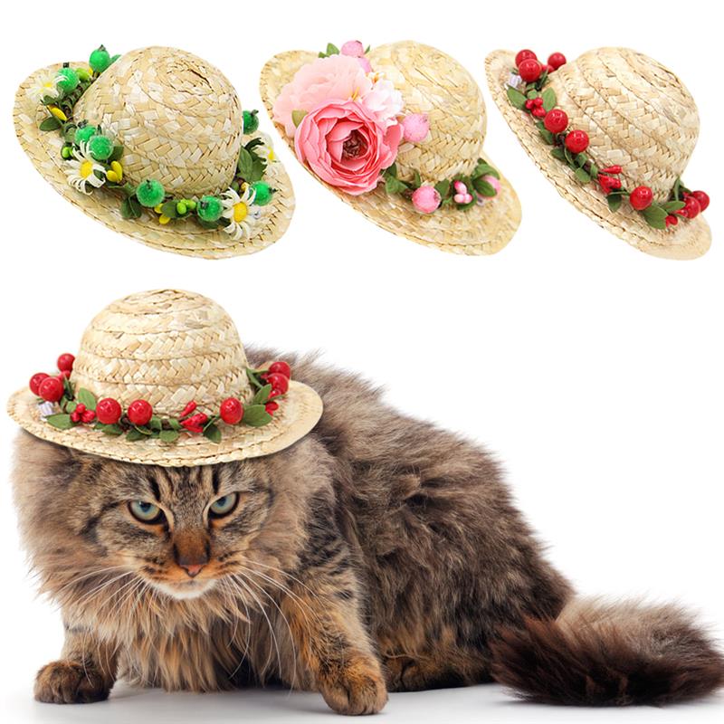 Adorable Cat Straw Hat – Sun-Protective & Adjustable Pet Accessory